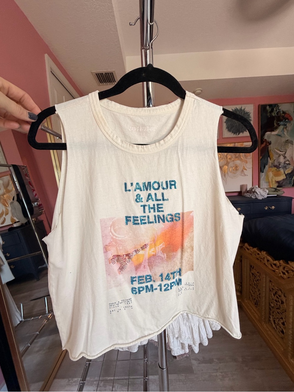 Zadig & Voltaire Cream Graphic Tank with Blue Text